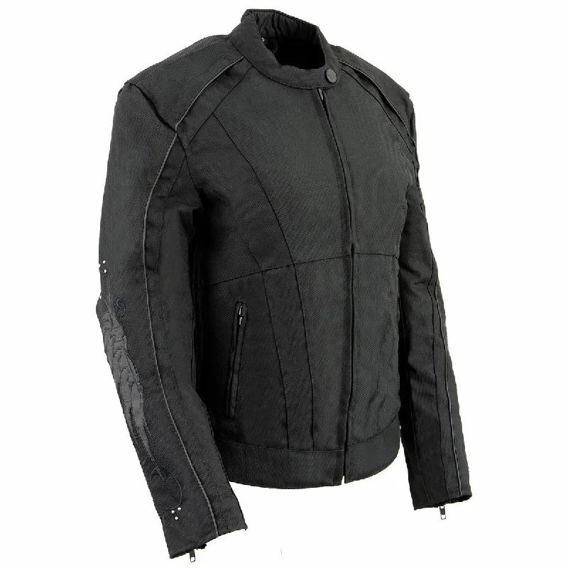 Milwaukee Leather SH1954 Women's Black Textile Jacket with Stud and Wings Detailing Milwaukee Leather SH1954 Women's Black Textile Jacket with Stud and Wings Detailing