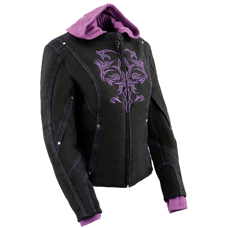 Milwaukee Leather MPL1967 Women's 3/4 Hooded Black and Purple Textile Jacket with Reflective Tribal Detail Milwaukee Leather MPL1967 Women's 3/4 Hooded Black and Purple Textile Jacket with Reflective Tribal Detail