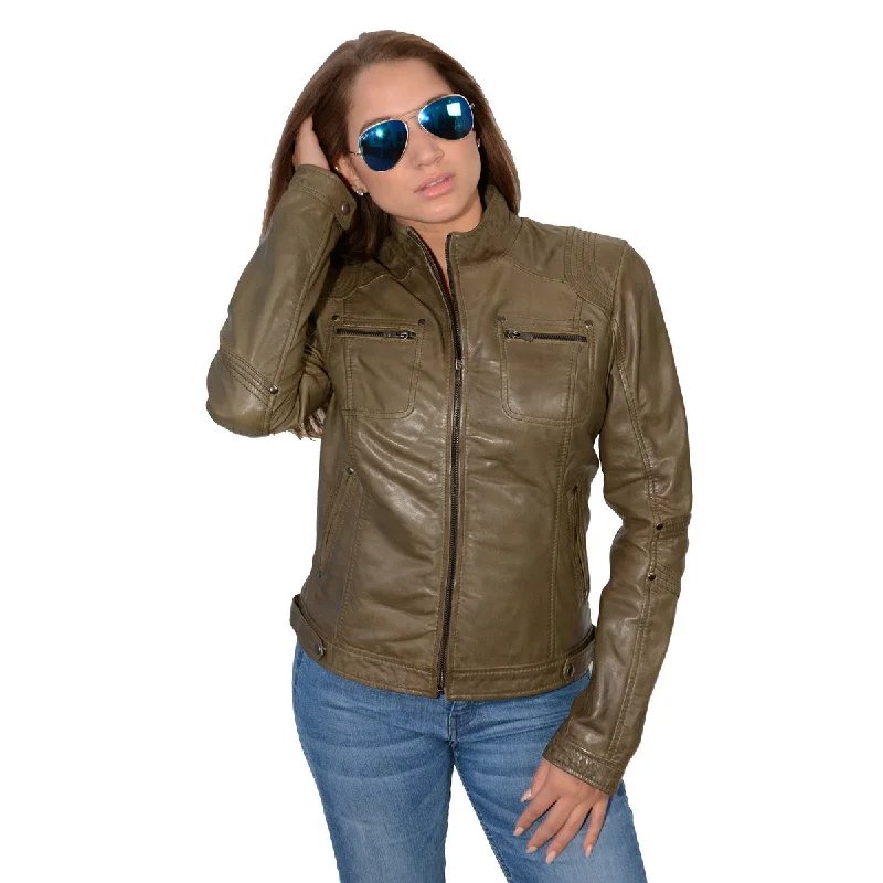 Milwaukee Leather SFL2800 Women's Racer Olive Stand Up Collar Motorcycle Fashion Leather Jacket Milwaukee Leather SFL2800 Women's Racer Olive Stand Up Collar Motorcycle Fashion Leather Jacket