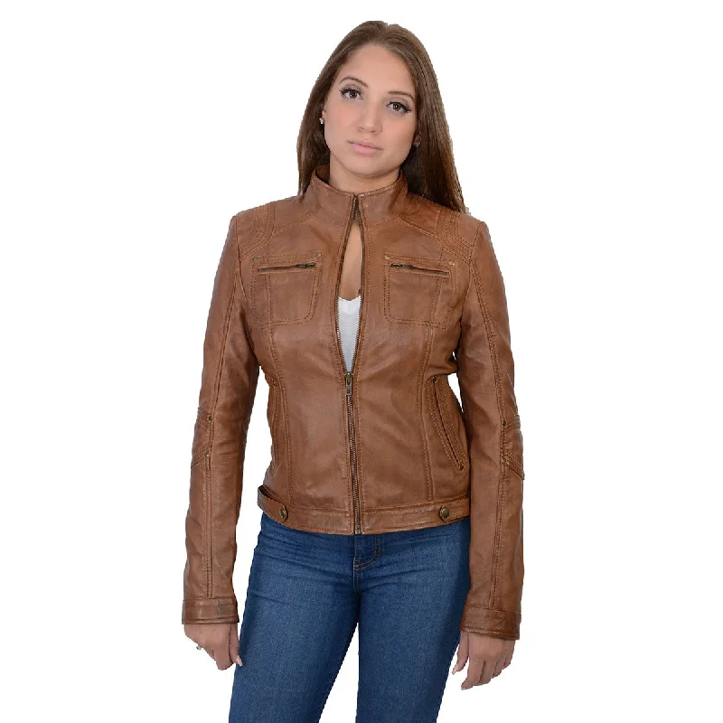 Milwaukee Leather SFL2800 Women's Racer Whiskey Stand Up Collar Motorcycle Fashion Leather Jacket Milwaukee Leather SFL2800 Women's Racer Whiskey Stand Up Collar Motorcycle Fashion Leather Jacket
