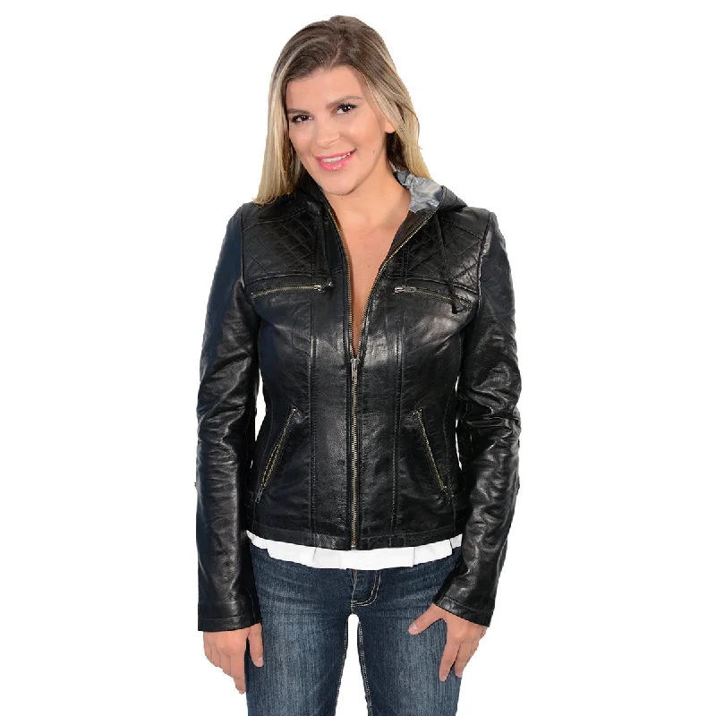 Milwaukee Leather SFL2810 Women's Black Scuba Style Fashion Leather Jacket with Drawstring and Hoodie Milwaukee Leather SFL2810 Women's Black Scuba Style Fashion Leather Jacket with Drawstring and Hoodie