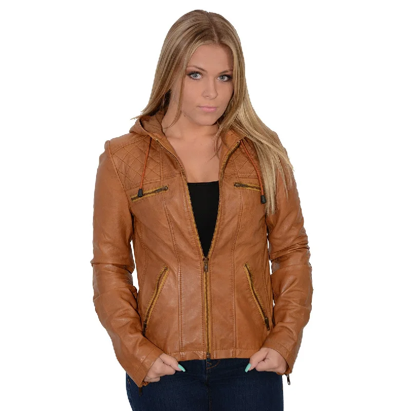 Milwaukee Leather SFL2810 Women's Cognac Scuba Style Fashion Leather Jacket with Drawstring and Hoodie Milwaukee Leather SFL2810 Women's Cognac Scuba Style Fashion Leather Jacket with Drawstring and Hoodie