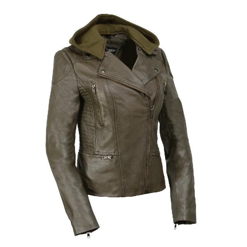 Milwaukee Leather SFL2815 Womens Olive Motorcycle Style Leather Jacket with Hoodie and Asymmetrical Zipper Milwaukee Leather SFL2815 Womens Olive Motorcycle Style Leather Jacket with Hoodie and Asymmetrical Zipper