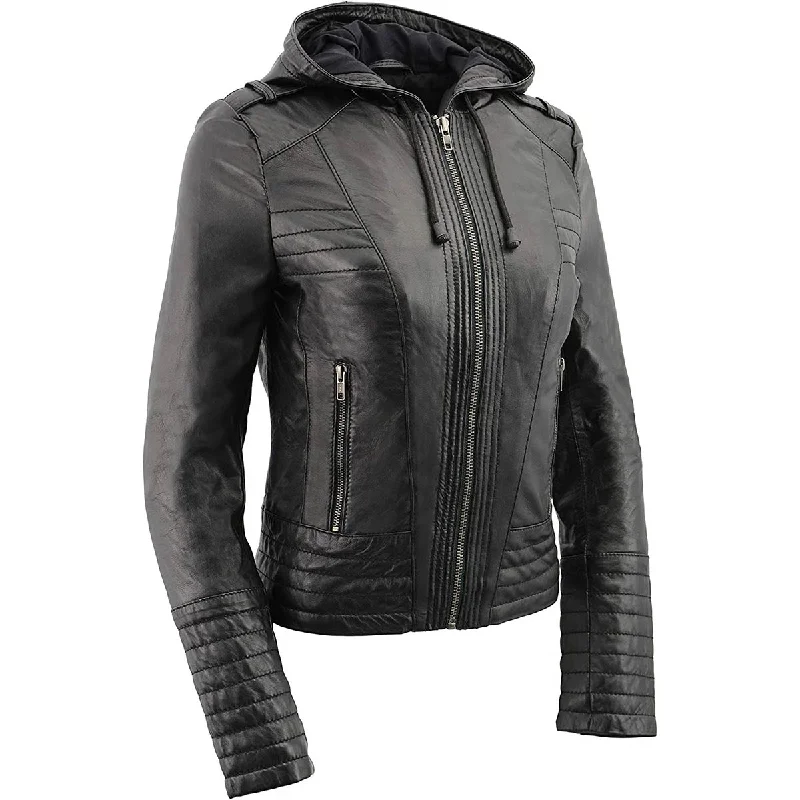 Milwaukee Leather SFL3554 Women's Black Scuba Style Zippered Front Motorcycle Fashion Leather Jacket with Hoodie Milwaukee Leather SFL3554 Women's Black Scuba Style Zippered Front Motorcycle Fashion Leather Jacket with Hoodie