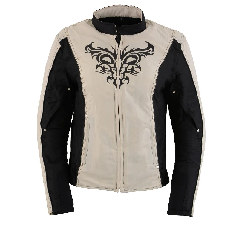 Milwaukee Leather SH2366 Women's'Reflective Tribal' Black and Cream Armored Motorcycle Textile Jacket Milwaukee Leather SH2366 Women's'Reflective Tribal' Black and Cream Armored Motorcycle Textile Jacket
