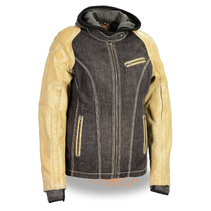 Milwaukee Leather MDL2005 Ladies Hooded Two Tone Black and Beige Denim and Leather Scuba Jacket Milwaukee Leather MDL2005 Ladies Hooded Two Tone Black and Beige Denim and Leather Scuba Jacket