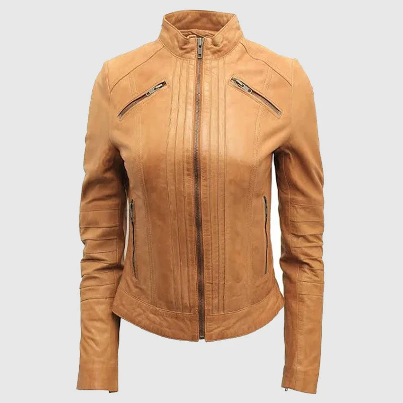New High Quality Infinity Ladies 100% Nappa Leather Tan Pleated Brando Biker Jacket New High Quality Infinity Ladies 100% Nappa Leather Tan Pleated Brando Biker Jacket