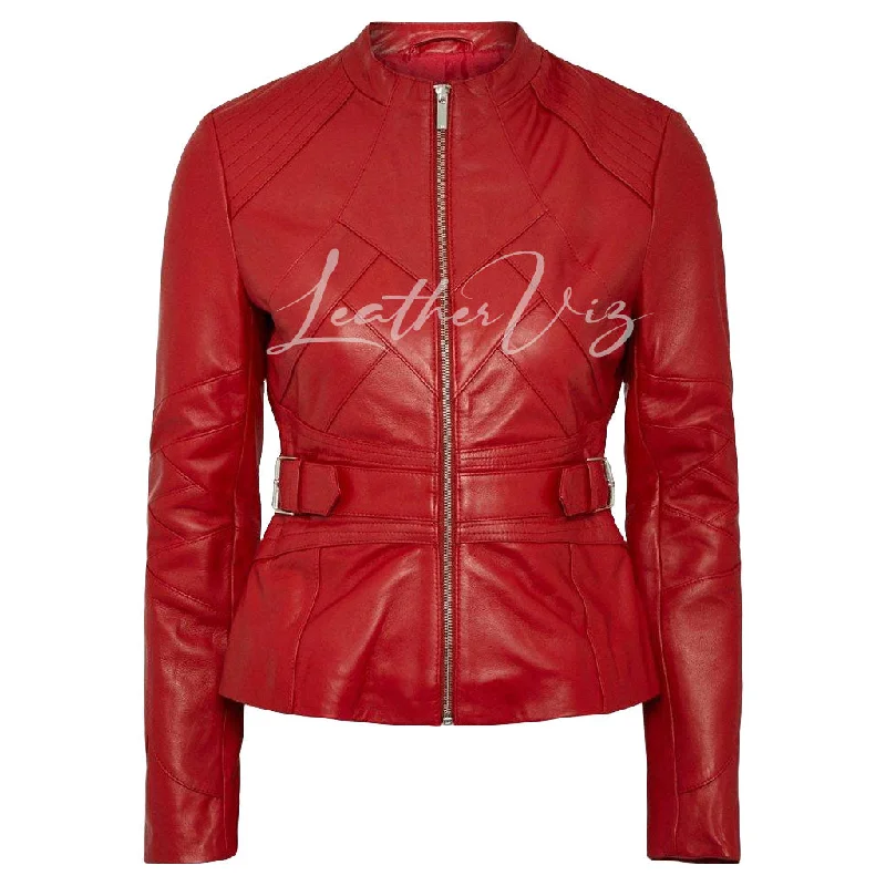 PANELED DETAILING BUCKLE WAIST RED LEATHER JACKET