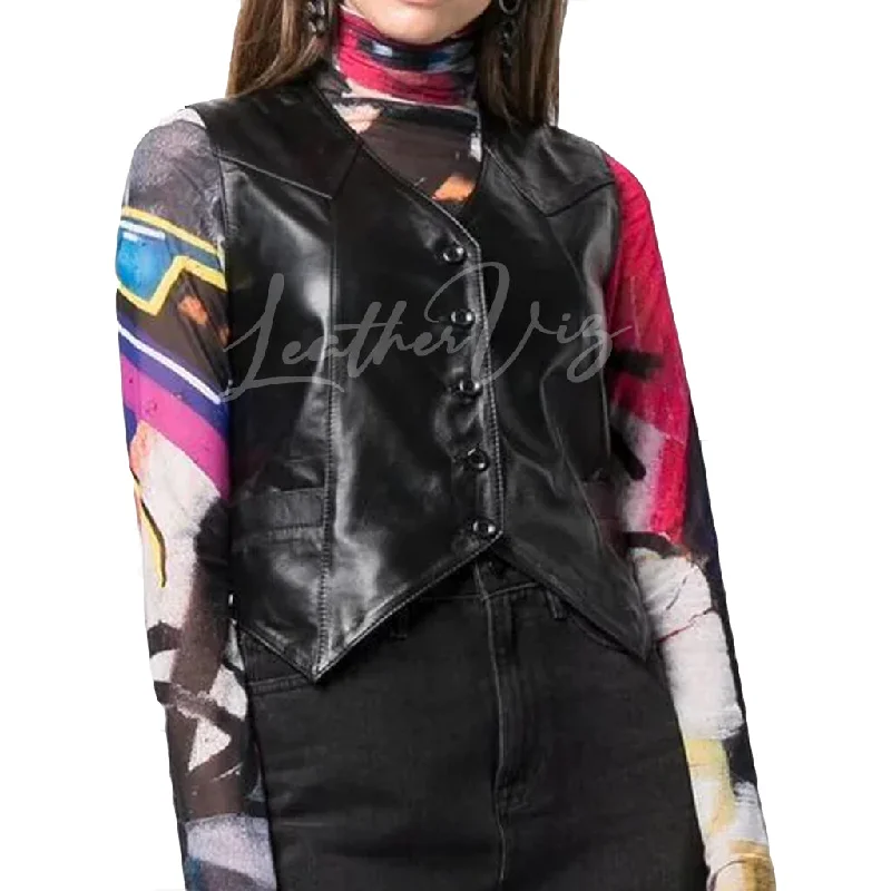 PANELED DETAILING WOMEN LEATHER WAISTCOAT