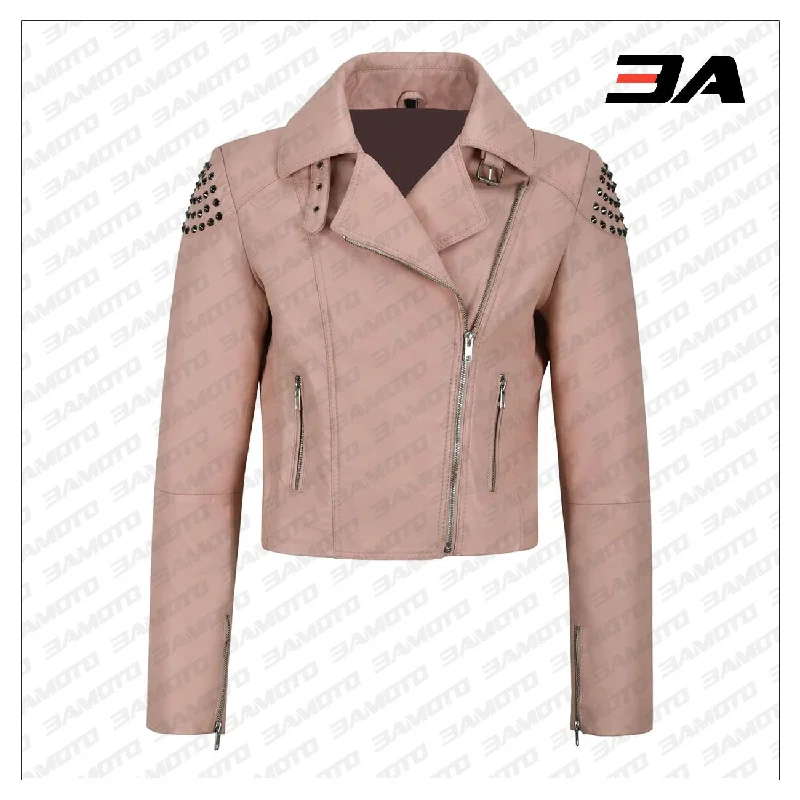 Pink Back Skull Studded Biker Leather Jacket