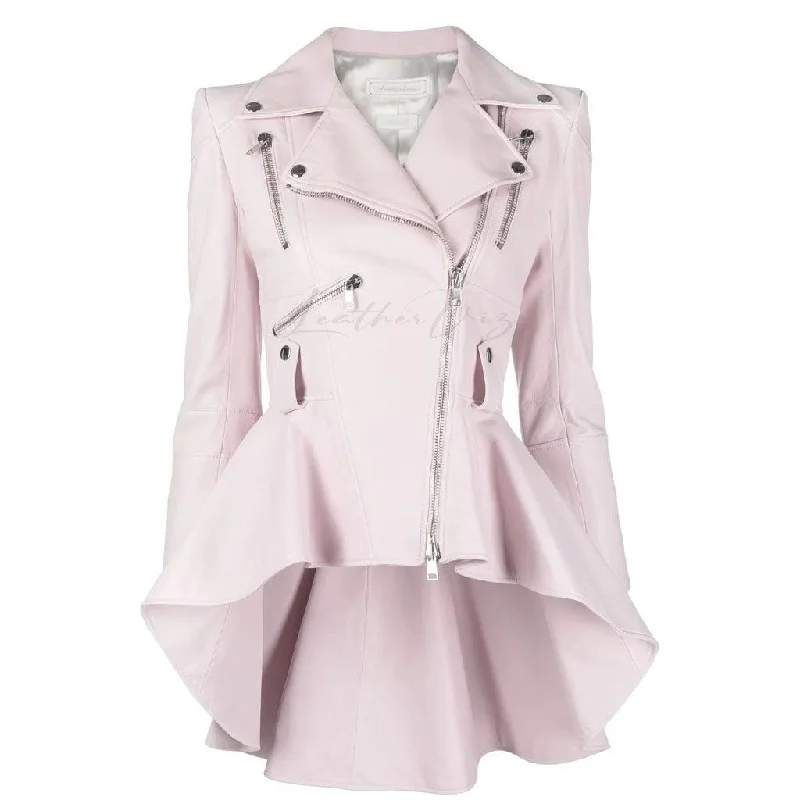 PINK PEPLUM LEATHER BIKER JACKET FOR WOMEN