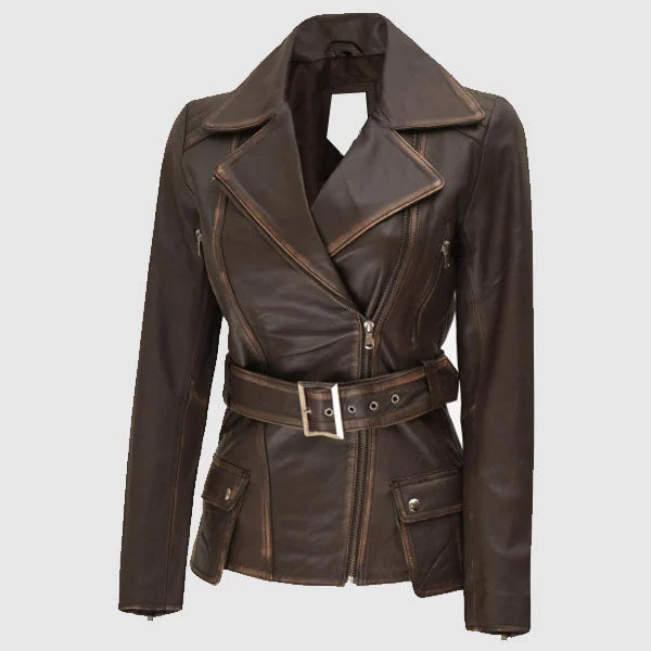 Premium Quality Womens Four Pocket Asymmetrical Distressed Brown Leather Biker Jacket Premium Quality Womens Four Pocket Asymmetrical Distressed Brown Leather Biker Jacket