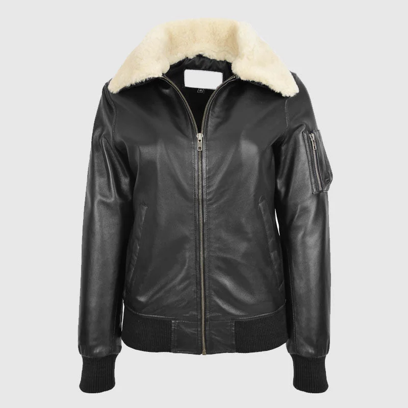 Premium Quality Womens Leather Bomber Jacket Removable Collar Thea Black