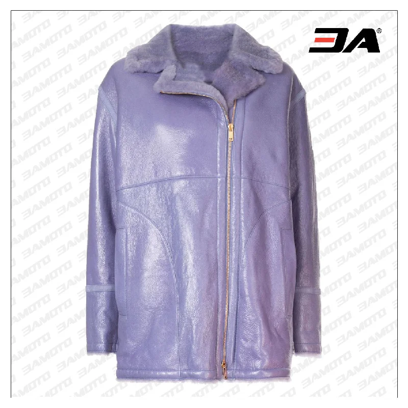 Purple Lambskin Fur Leather Biker Coat