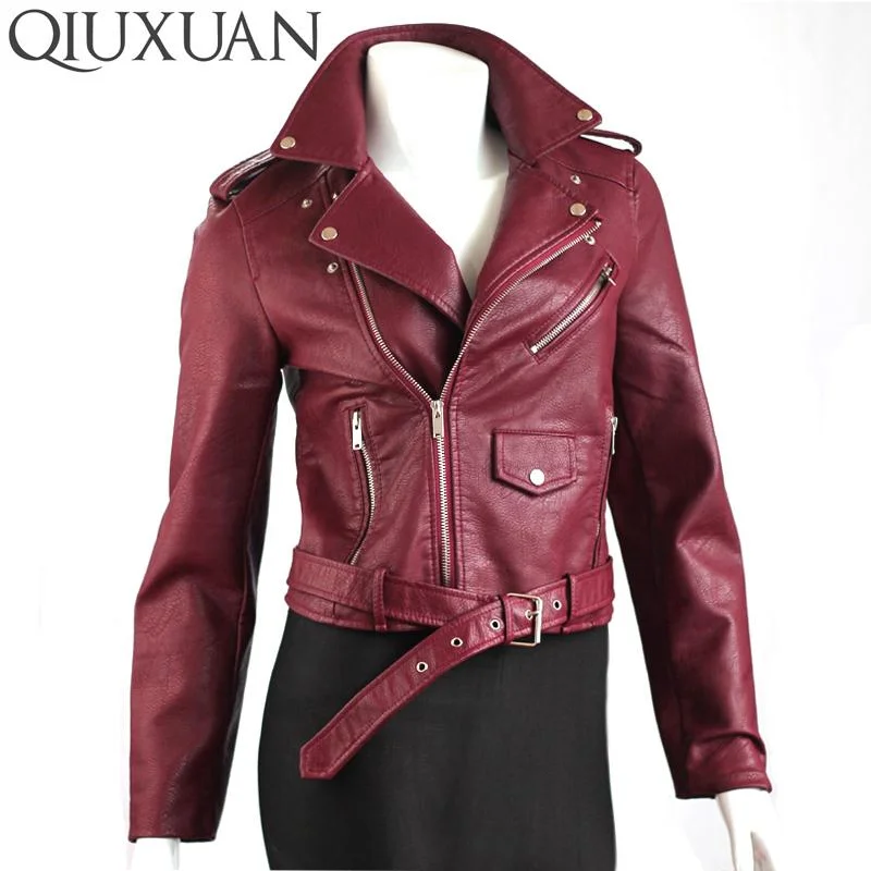 QIUXUAN Women PU Leather Jacket
