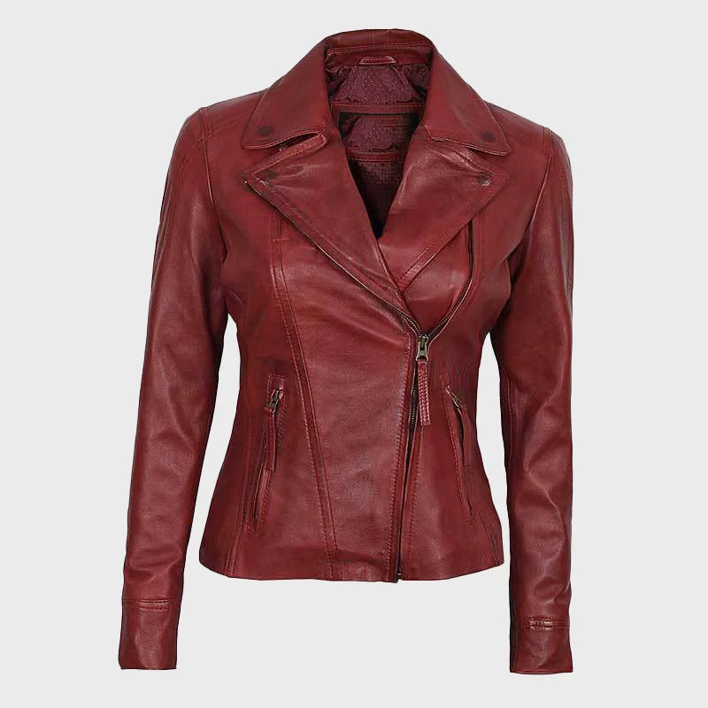 Women Red Asymmetrical Slim Fit Leather Jacket