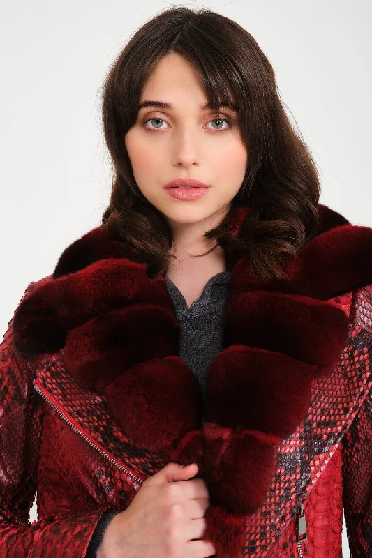 Red Python Leather Chinchilla Fur Collar Jacket