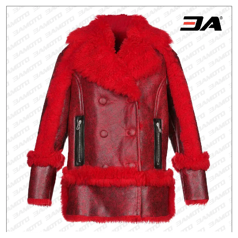 Red Shearling Fur Leather Coat