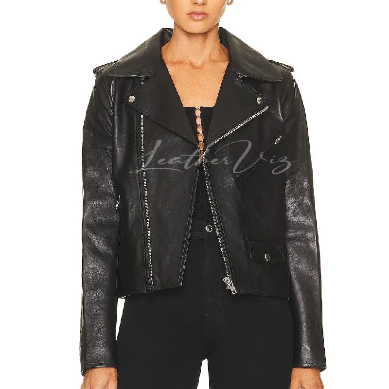 ROYAL WOMEN LEATHER JACKET GENUINE LAMBSKIN BIKER BLACK
