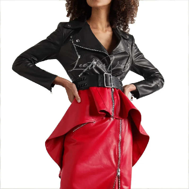 TWO-TONE LEATHER PEPLUM BIKER JACKET FOR WOMEN