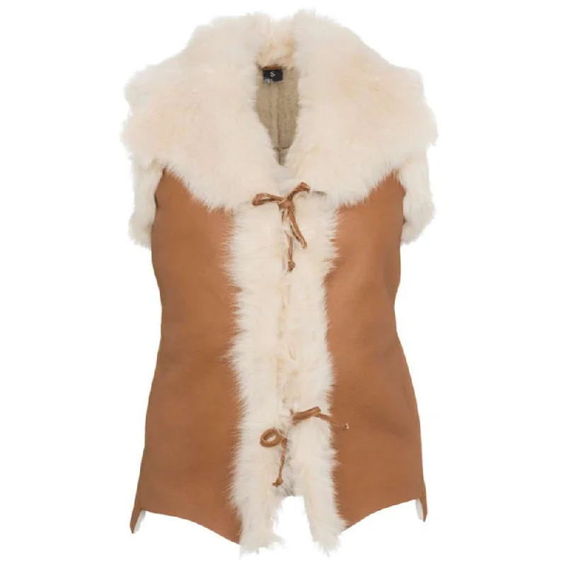 Vintage Camel Brown Women Shearling Suede Leather Vest