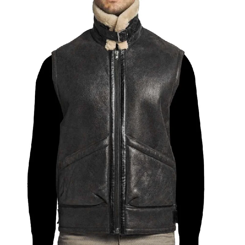 Vintage Flying Aviator Genuine Leather Shearling Vest | Black - Dark Brown