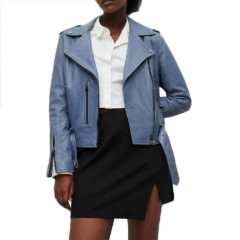 Wide Lapels Women Gray Leather Biker Moto Jacket