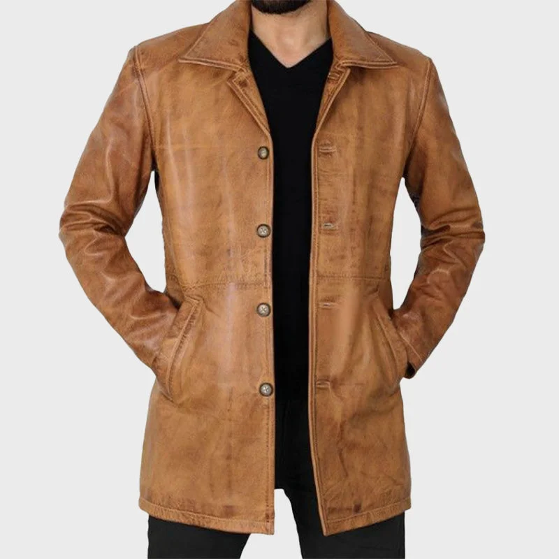 Winchester Mens Brown Leather Car Coat
