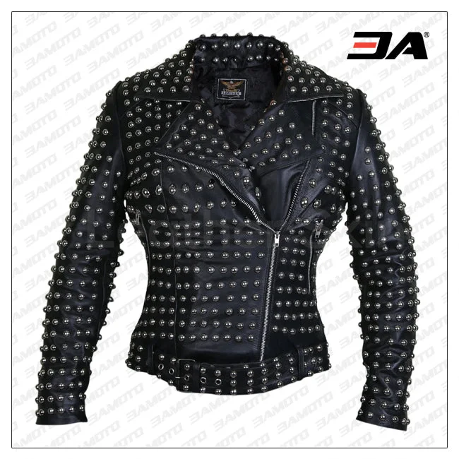 Women Black Brando Belted Round Cap Studded Leather Jacket