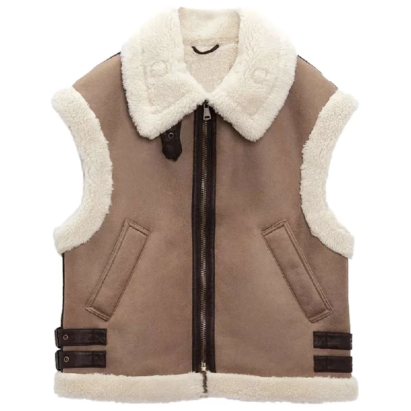 Women Camel Brown Motorcycle Shearling Leather Vest