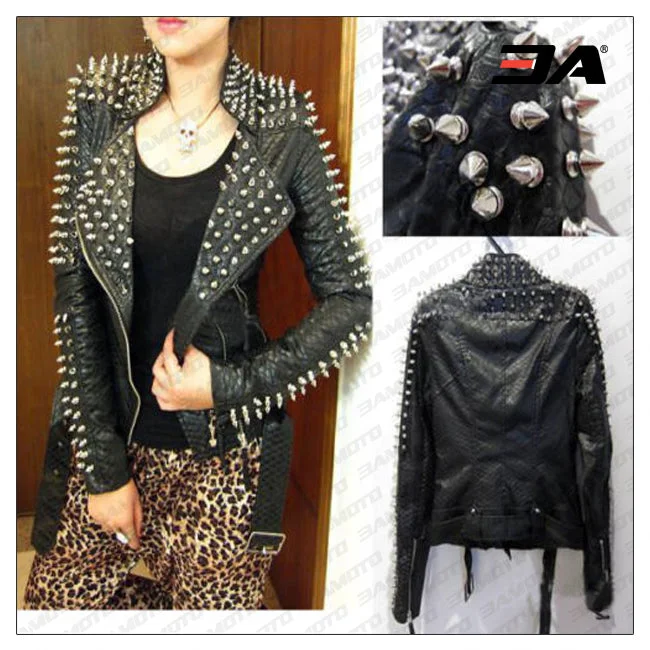 Women Fashion Studded Punk Rock Leather Jacket SJW113