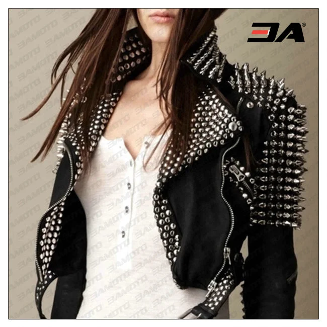 Women Fashion Studded Punk Rock Leather Jacket SJW122