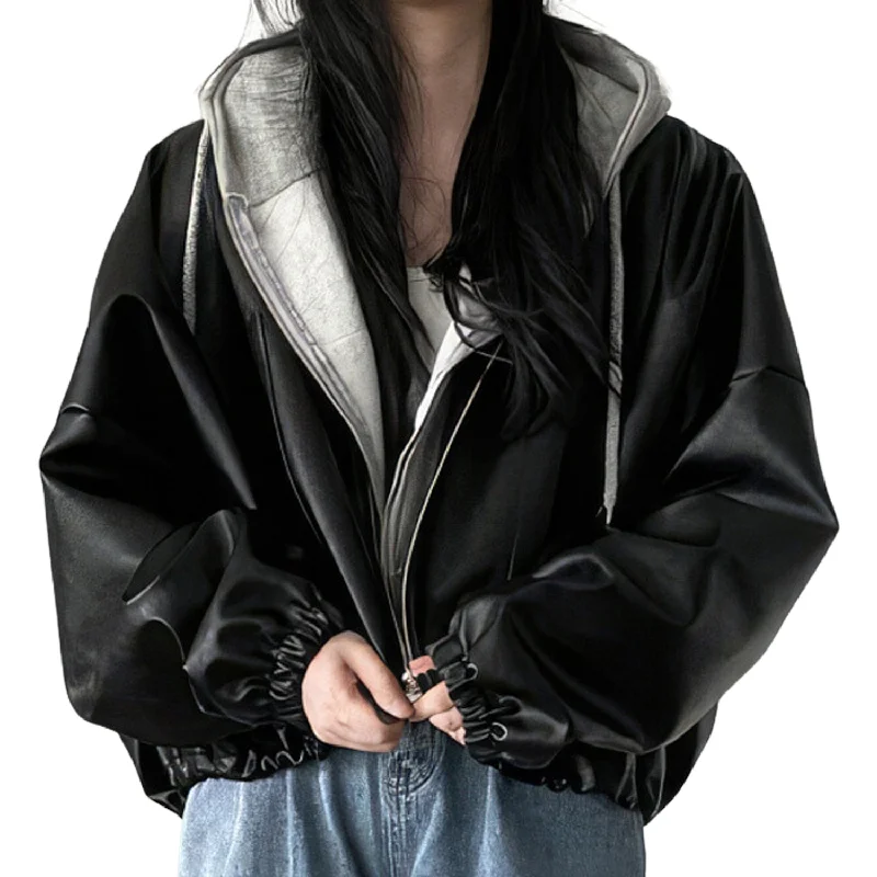 Women’s Black Biker Genuine Sheepskin Stand Collar Oversized Outfit Korean Sporty Moto Rider Loose Leather Jacket Women’s Black Biker Genuine Sheepskin Stand Collar Oversized Outfit Korean Sporty Moto Rider Loose Leather Jacket