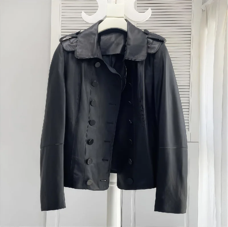 Women’s Black Genuine Sheepskin Double Breasted Winter Vintage Korean Fashion Chic Outfit Trendy Plain Leather Jacket Women’s Black Genuine Sheepskin Double Breasted Winter Vintage Korean Fashion Chic Outfit Trendy Plain Leather Jacket