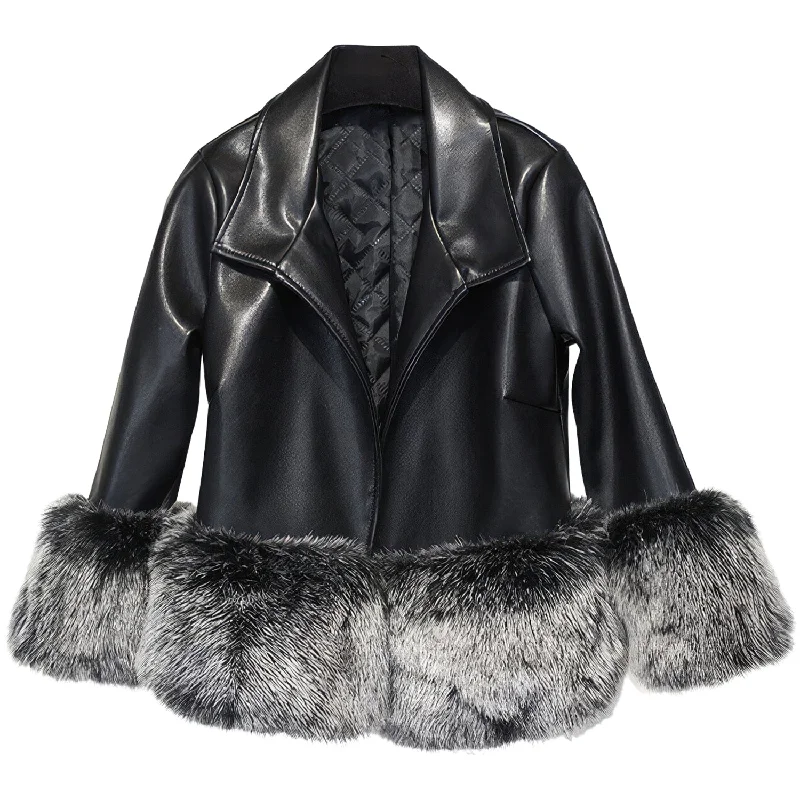 Women’s Black Genuine Sheepskin Sherpa Shearling Faux Fur Cuffs Fashionable Casual Classic Winter Warm Slim Fit Leather Jacket Women’s Black Genuine Sheepskin Sherpa Shearling Faux Fur Cuffs Fashionable Casual Classic Winter Warm Slim Fit Leather Jacket
