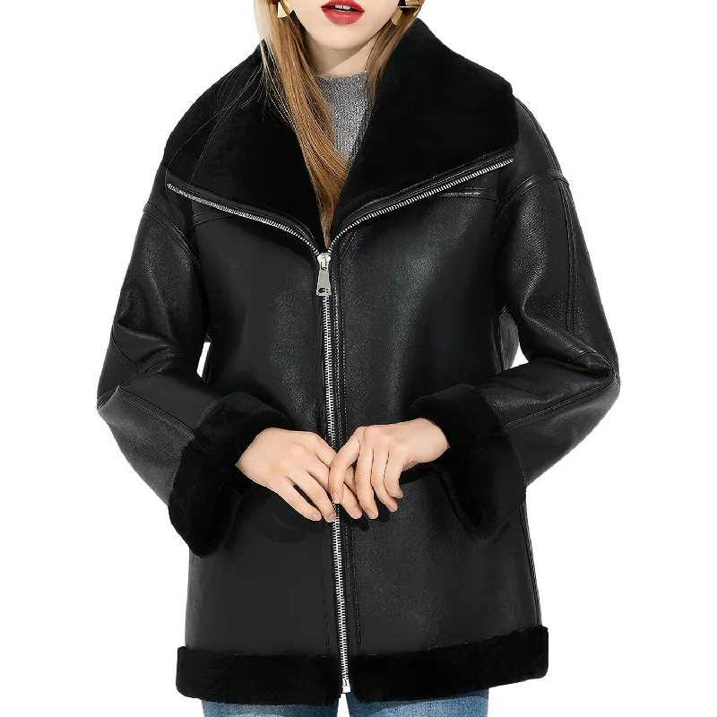 Women’s Black Genuine Sheepskin Sherpa Shearling Faux Fur Lined Winter Warm Eco-Fur Fashionable Aviator Pilot Leather Jacket Women’s Black Genuine Sheepskin Sherpa Shearling Faux Fur Lined Winter Warm Eco-Fur Fashionable Aviator Pilot Leather Jacket
