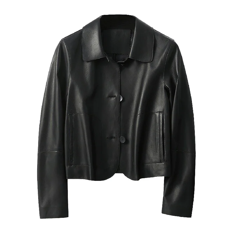 Women’s Black Genuine Sheepskin Shirt Collar Cropped Fashion Classic Style Lightweight Smooth Leather Jacket Women’s Black Genuine Sheepskin Shirt Collar Cropped Fashion Classic Style Lightweight Smooth Leather Jacket