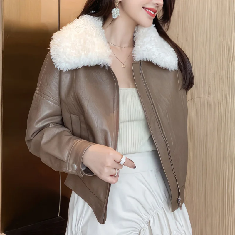 Women’s Brown Genuine Sheepskin Sherpa Shearling Faux Fur Lined Korean Style Oversized Winter Warm Motorcycle Leather Jacket Women’s Brown Genuine Sheepskin Sherpa Shearling Faux Fur Lined Korean Style Oversized Winter Warm Motorcycle Leather Jacket