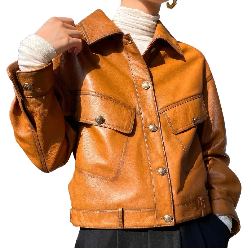 Women’s Brown Genuine Sheepskin Shirt Collar Streetwear Single Breasted Loose Oversized Vintage Fashion Chic Leather Jacket Women’s Brown Genuine Sheepskin Shirt Collar Streetwear Single Breasted Loose Oversized Vintage Fashion Chic Leather Jacket