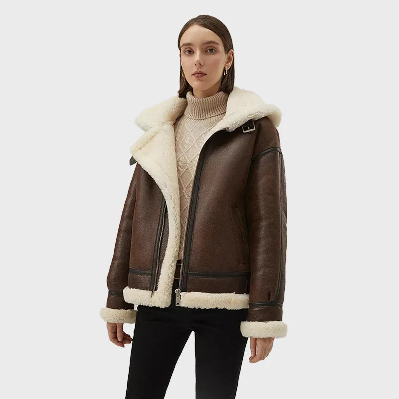 Women’s Chocolate Brown Leather Shearling Removable Hood Coat