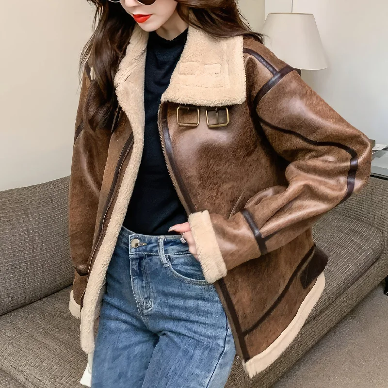 Women’s Distressed Brown Aviator Genuine Sheepskin Sherpa Shearling Faux Fur Lined Thick Winter Warm Streetwear Chic Flight Pilot Leather Jacket Women’s Distressed Brown Aviator Genuine Sheepskin Sherpa Shearling Faux Fur Lined Thick Winter Warm Streetwear Chic Flight Pilot Leather Jacket