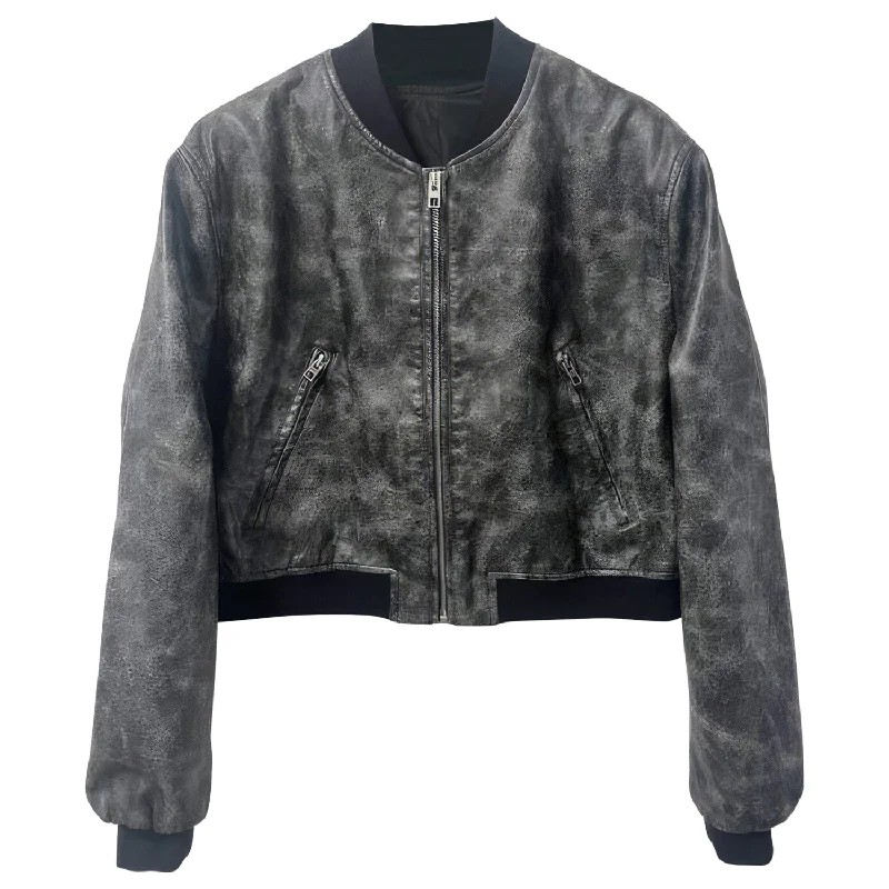 Women’s Vintage Grey Bomber Genuine Sheepskin Cropped Fashion Classic Sporty Zip-Up Outfit Short Loose Casual Smooth Leather Jacket Women’s Vintage Grey Bomber Genuine Sheepskin Cropped Fashion Classic Sporty Zip-Up Outfit Short Loose Casual Smooth Leather Jacket