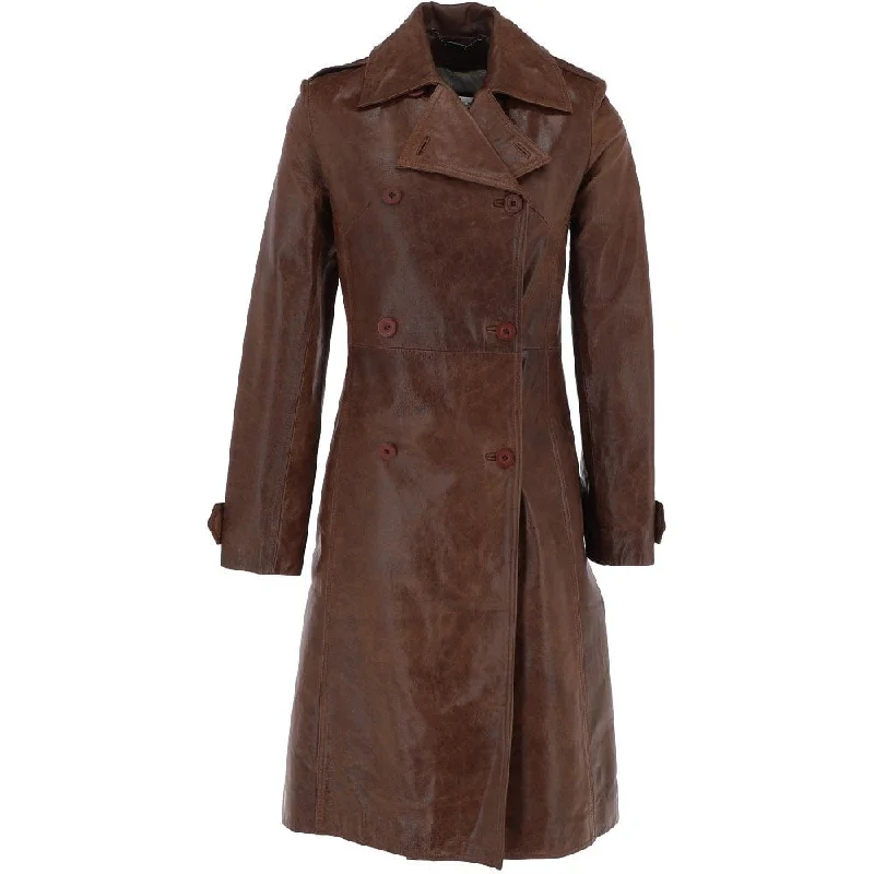Women's 3-4 Double Breasted Mid Brown Leather Trench Long Overcoat