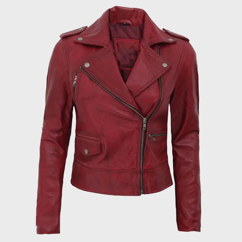 Women's Amber Maroon Leather Biker Jacket