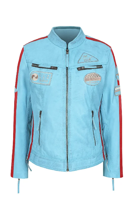 Women's Aqua Blue Racing Style Leather Jacket with Red Stripes - FRANCIS