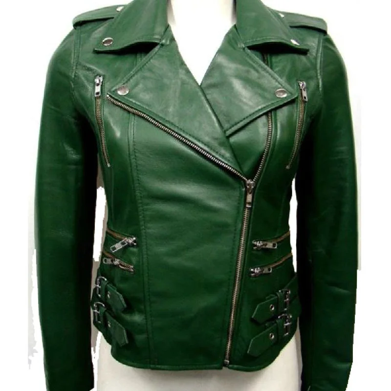 Womens Assymetrical Buckle Green Biker Leather Jacket
