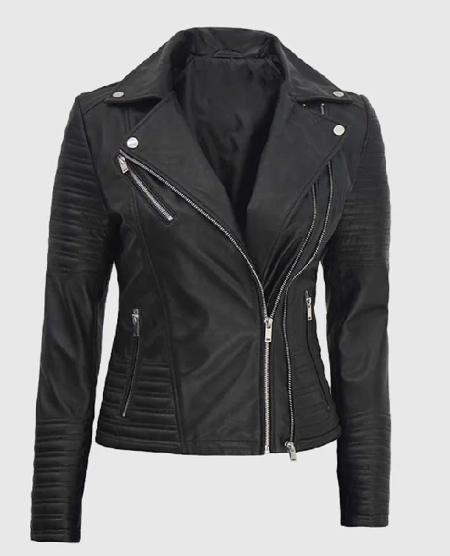 Women's Asymmetrical Quilted Black Biker Leather Jacket