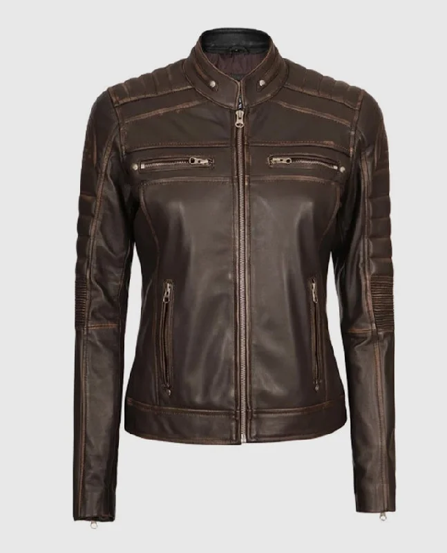 Women's Austin Dark Brown Cafe Racer Biker Jacket