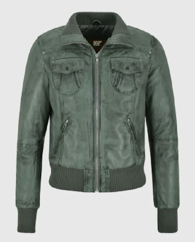 Women's Aviator Grey Bomber Leather Jacket