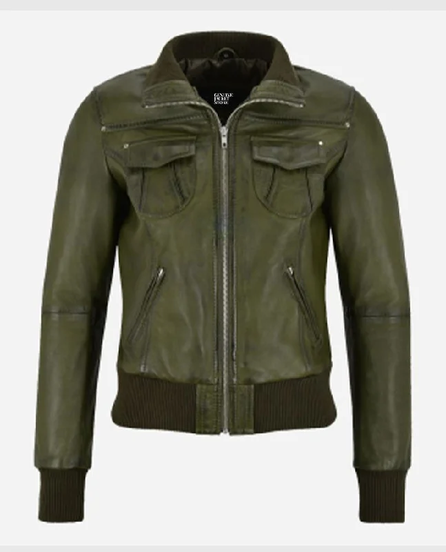 Women's Aviator Olive Bomber Leather Jacket